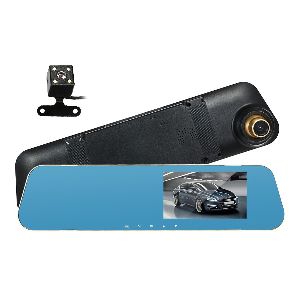 4.3'' HD Car DVR Dash Cam Video Camera Vehicle Driving Recorder Front & Rearview Mirror Car DVR with Loop Recording G-Sensor Motion Detection