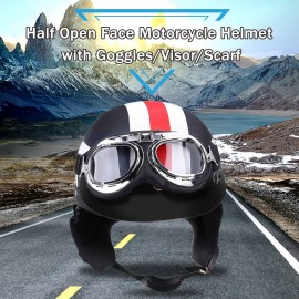 Half Open Face Motorcycle Helmet with Goggles Visor Scarf Biker Scooter Touring Helmet