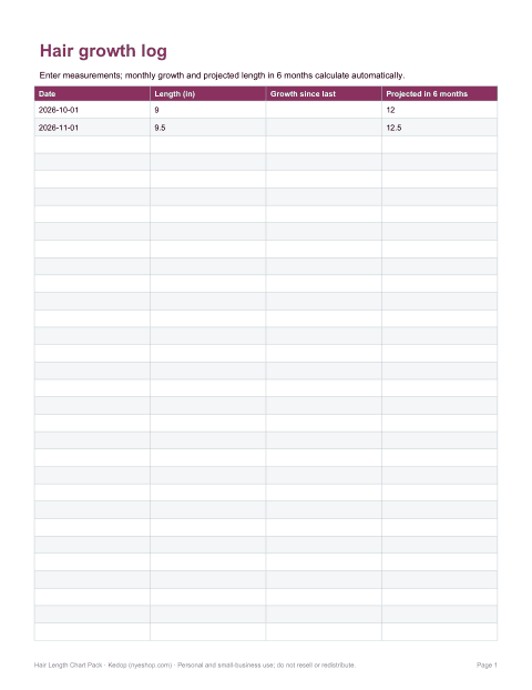 Preview of the first page of Growth log (XLSX)